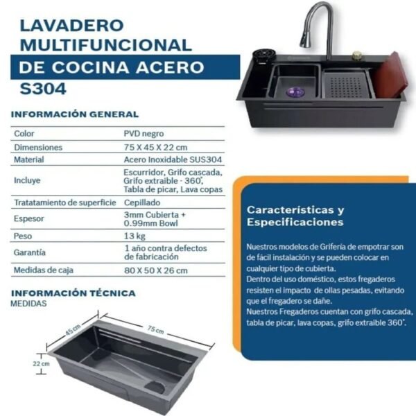 Lavadero Multifuncional de Cocina Acero Negro Inoxidable S304 - Imagen 2