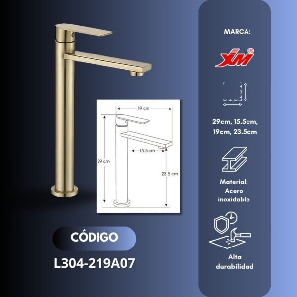 Llave para baño pico alto Gold- XM - L304-219A07 - Imagen 2