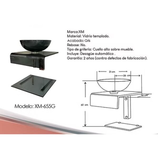 MUEBLE LAVABO PEDESTAL DE VIDRIO XM-655G - Imagen 2