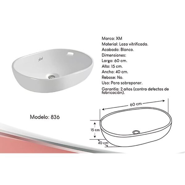 BOWL LAVAMANO OVALIN DE LOZA LZ-836 - XM - Imagen 2