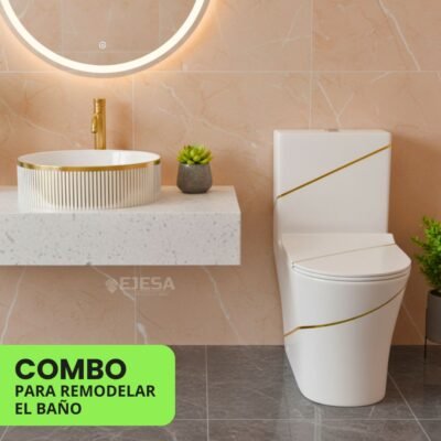 COMBO – INODORO ONE PIECE GOLD + BOWL REDONDO BLANCO/DORADO
