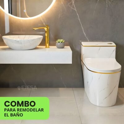 COMBO – INODORO ONE PIECE MARMOL + BOWL OVALADO + LLAVE MEZCLADORA DORADA