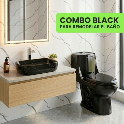 COMBO – INODORO ONE PIECE NEGRO CURVO + BOWL RECTANGULAR NEGRO MARMOL