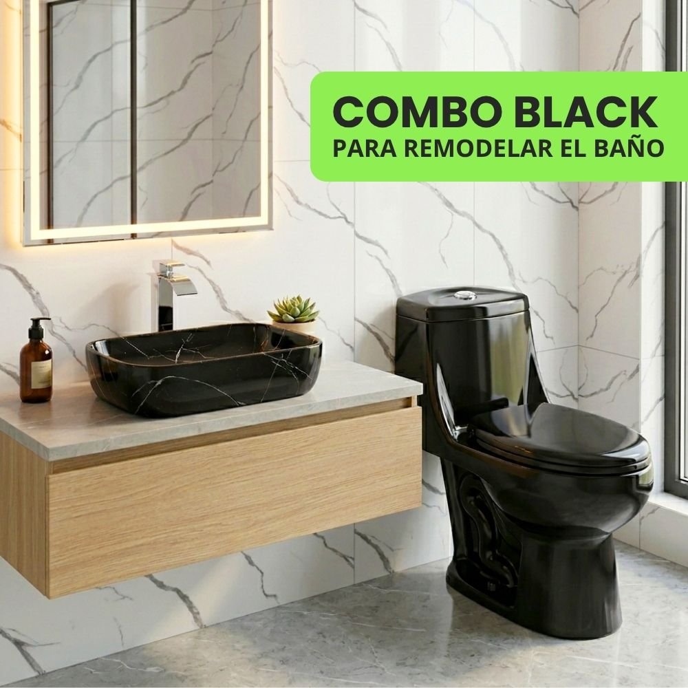 COMBO – INODORO ONE PIECE NEGRO CURVO + BOWL RECTANGULAR NEGRO MARMOL