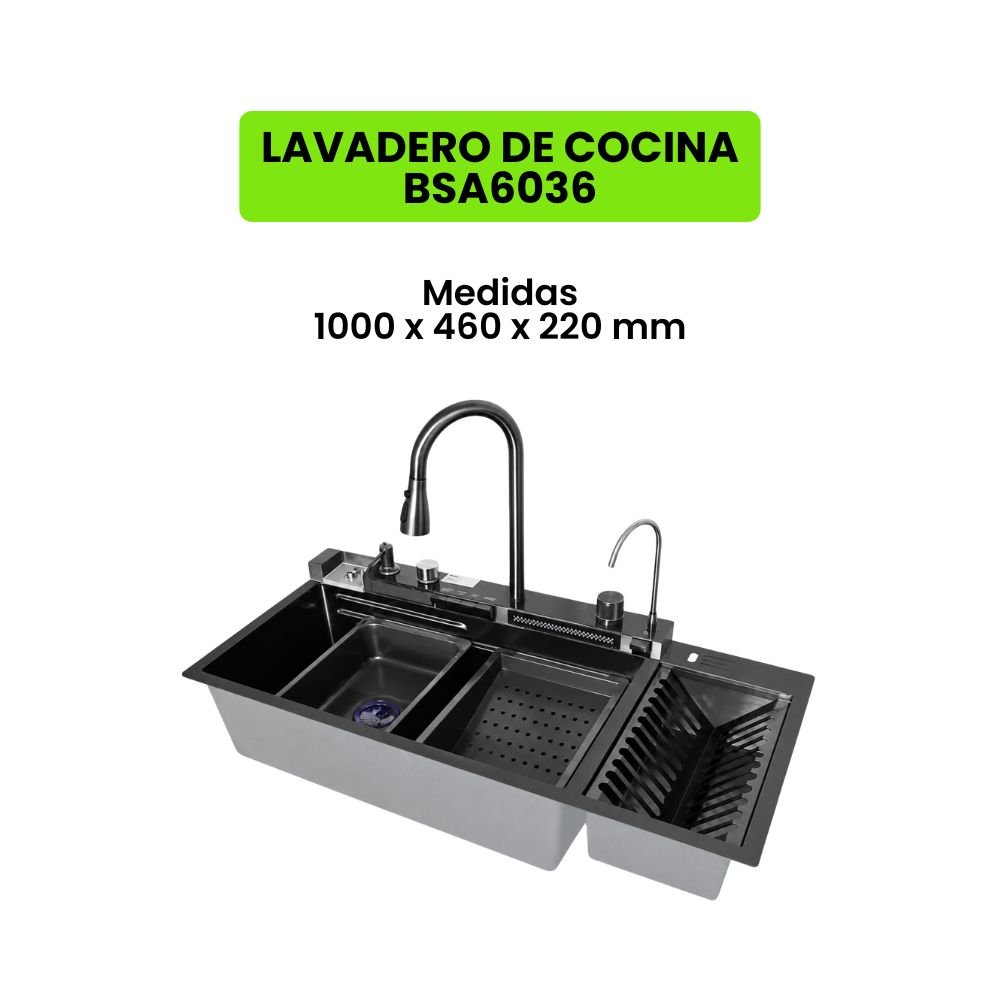 Combo Lavadero de cocina multifuncional | Negro | Acero inox + Accesorios – BSA6036 - Imagen 2