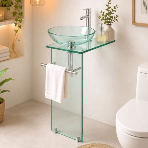 MUEBLE LAVABO PEDESTAL DE VIDRIO | BOWL TRANSPARENTE – IMPORTADO
